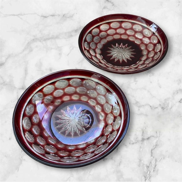 Vintage Bohemian Set Of 2Bowls Dish Lead Crystal Ruby Red Cut To Clear Art Deco - Picture 1 of 11